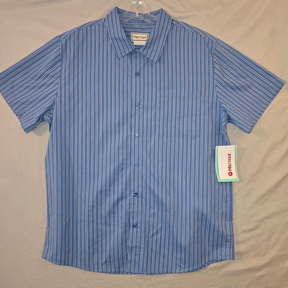 Marmot Button Down Shirt XL Mens Blue Striped Short Sleeve M16075 Recycled